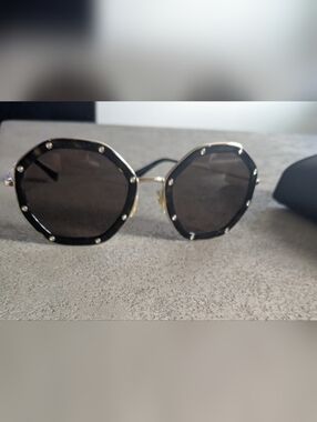 Valentino Black Octagonal Sunglasses with Gold Trim and Crystal Studs